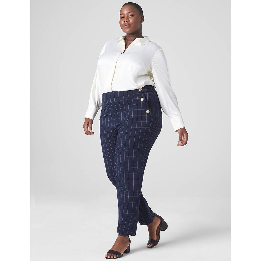 Lane Bryant Perfect Drape Relaxed Ankle Pants 16 Windowpane Plaid Gold Buttons